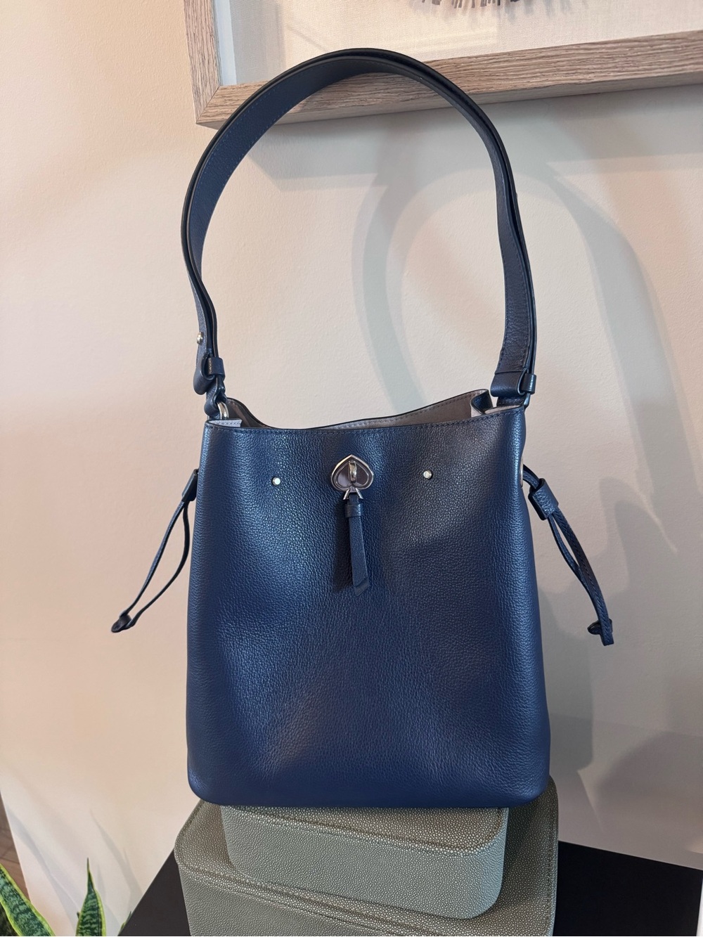 Navy Kate Spade Leather Shoulder & Crossbody Bucket Purse